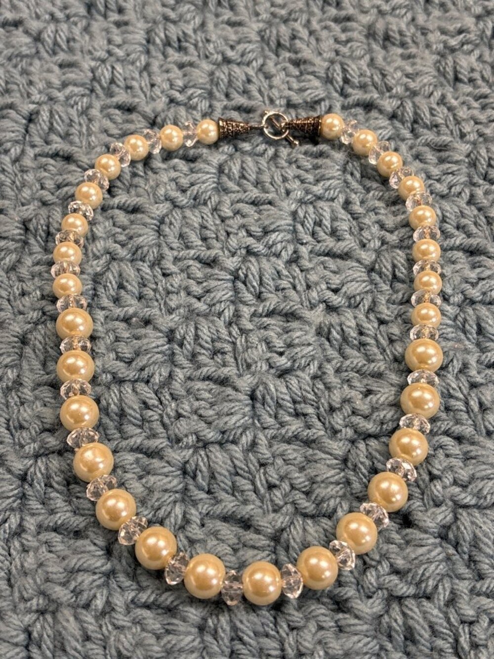 Artisan Glass Faux Pearl Necklace Clear Plastic Beaded Silvertone Toggle Clasp
